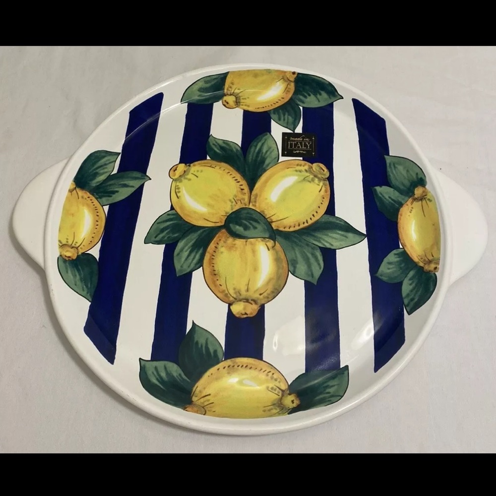 New! ✨🍋🇮🇹Nova Deruta 12” Amalfi Lemon Blu Striped Ceramic Platter w/ Handles